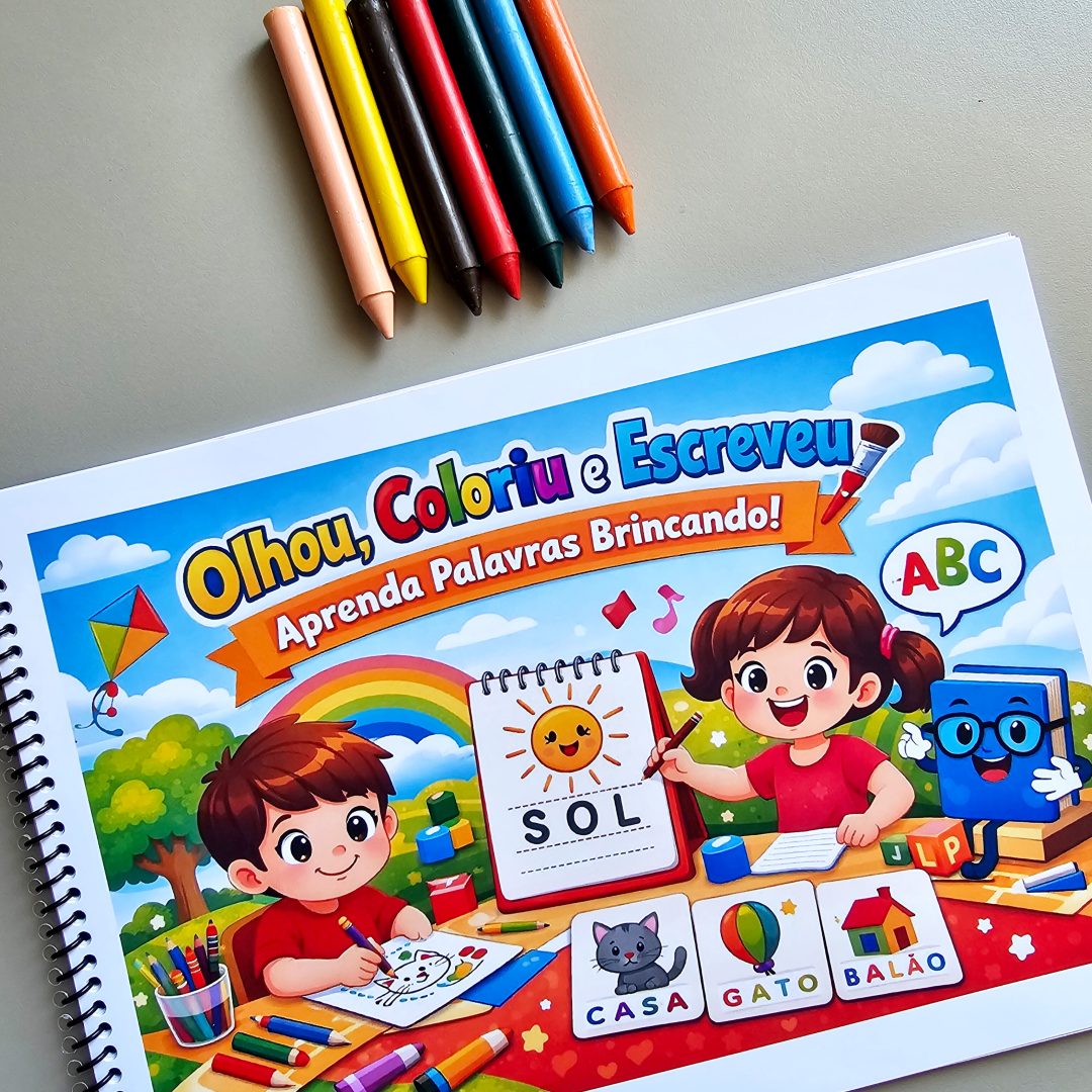 “Seu aluno ainda tem dificuldade para escrever palavras simples? Com o Olhou, Coloriu e Escreveu, ele aprende brincando! São 50 atividades práticas que estimulam a escrita de forma leve, divertida e eficaz — prontas para imprimir e usar imediatamente.”